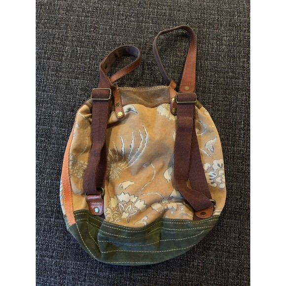 LUCKY Vintage inspired Brown leather Tan Floral Canvas Green Suede Y2K Backpack - Picture 3 of 6